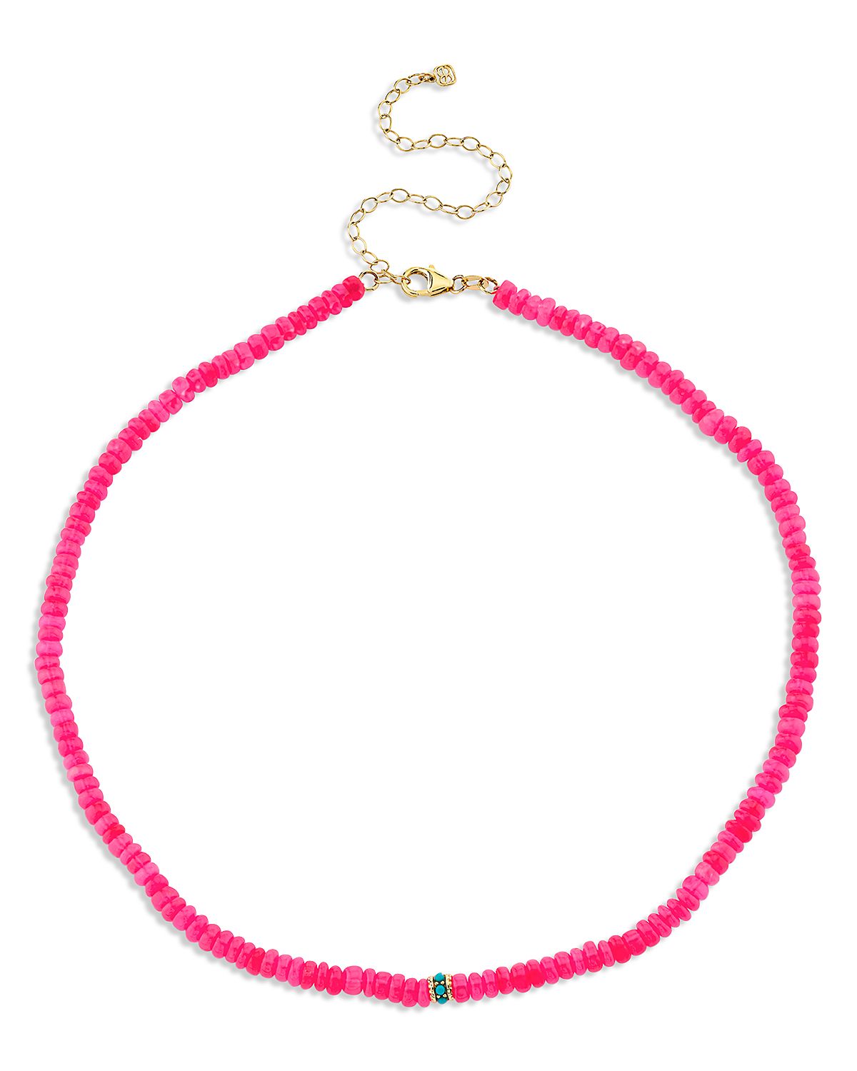 Sydney Evan 14K Yellow Gold Turquoise Bead Charm Hot Pink Ethiopian Opal Beaded Collar Necklace, 16.25