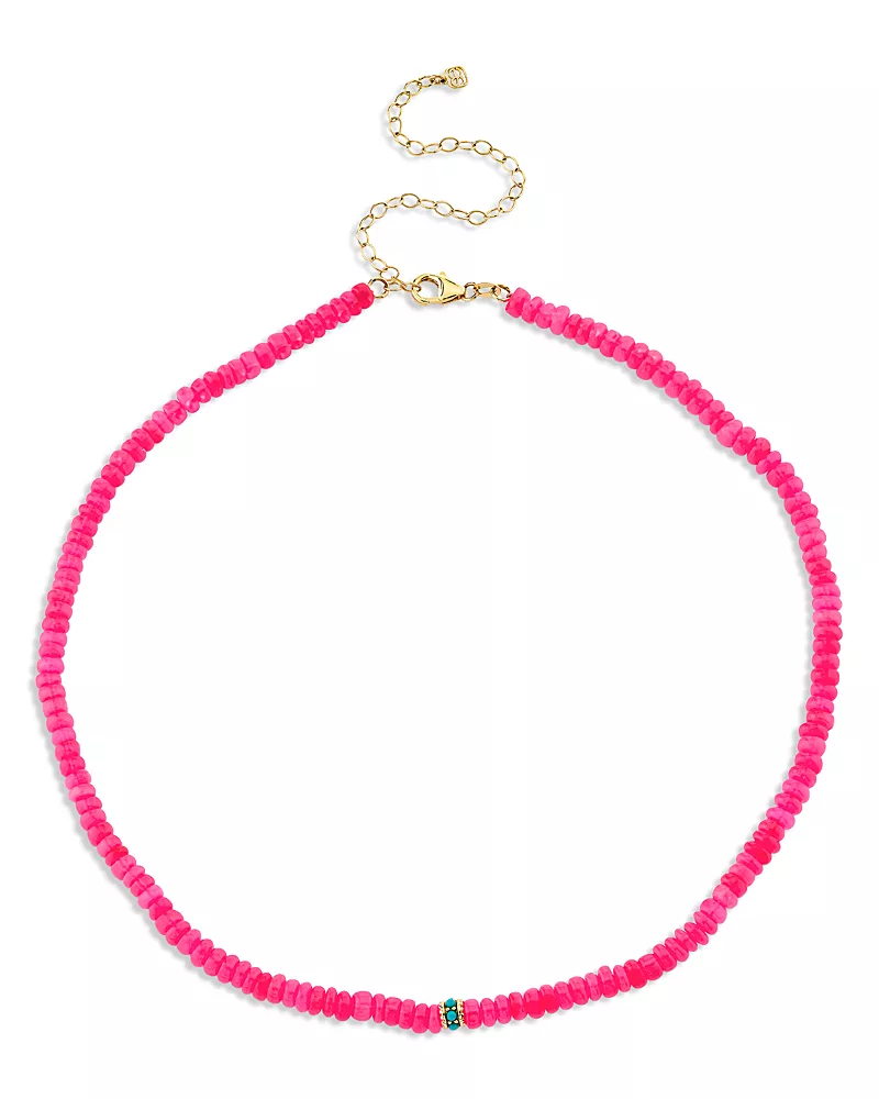 Sydney Evan 14K Yellow Gold Turquoise Bead Charm Hot Pink Ethiopian Opal Beaded Collar Necklace, 16.25
