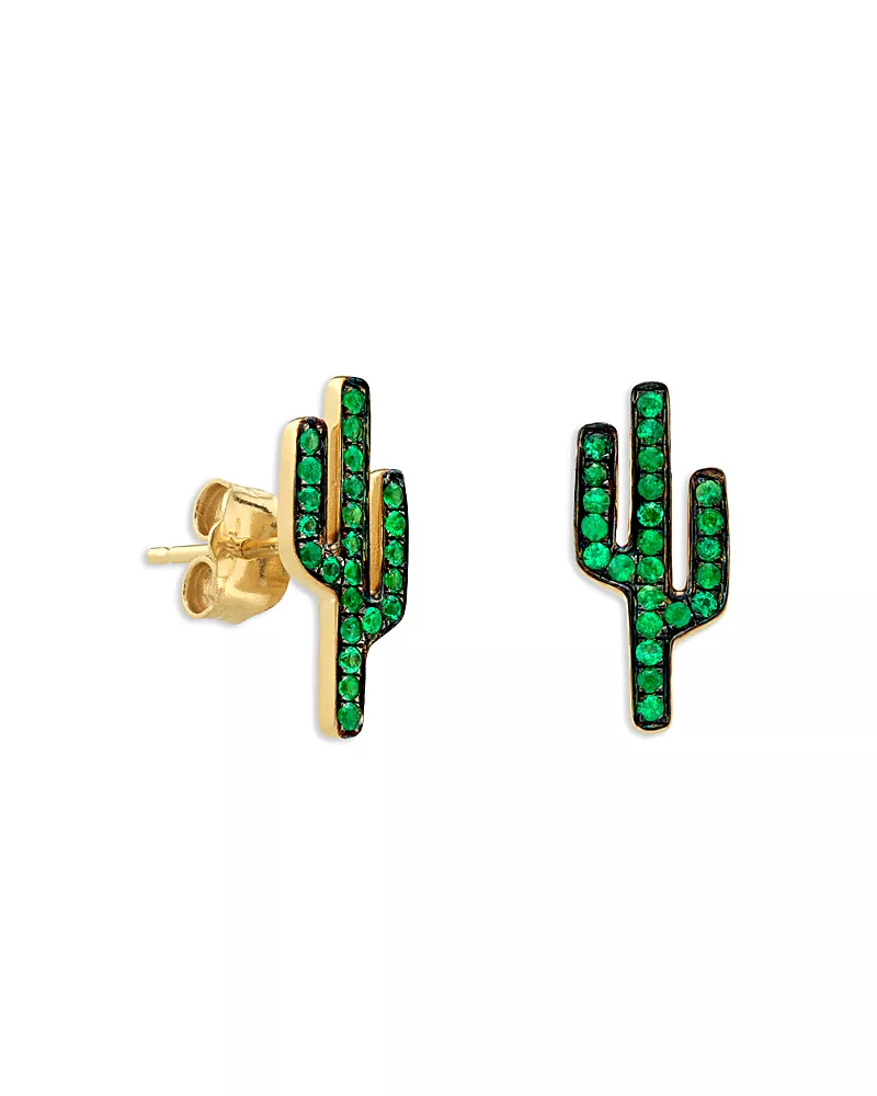 Sydney Evan 14K Yellow Gold Emerald Cactus Stud Earrings