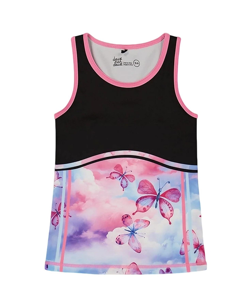 Deux Par Deux Girls' Colorblock Athletic Tank Top - Little Kid In Black With Butterflies Printed