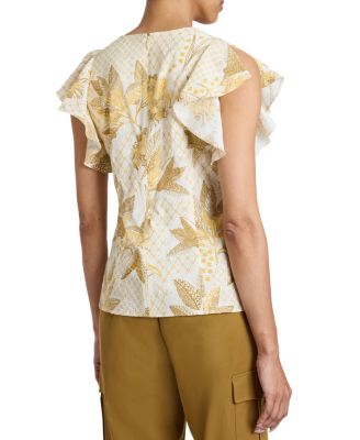 ELLA Flutter Sleeve Buttoned Blouse with Waist Panel in Floral Printed Cotton Cloque