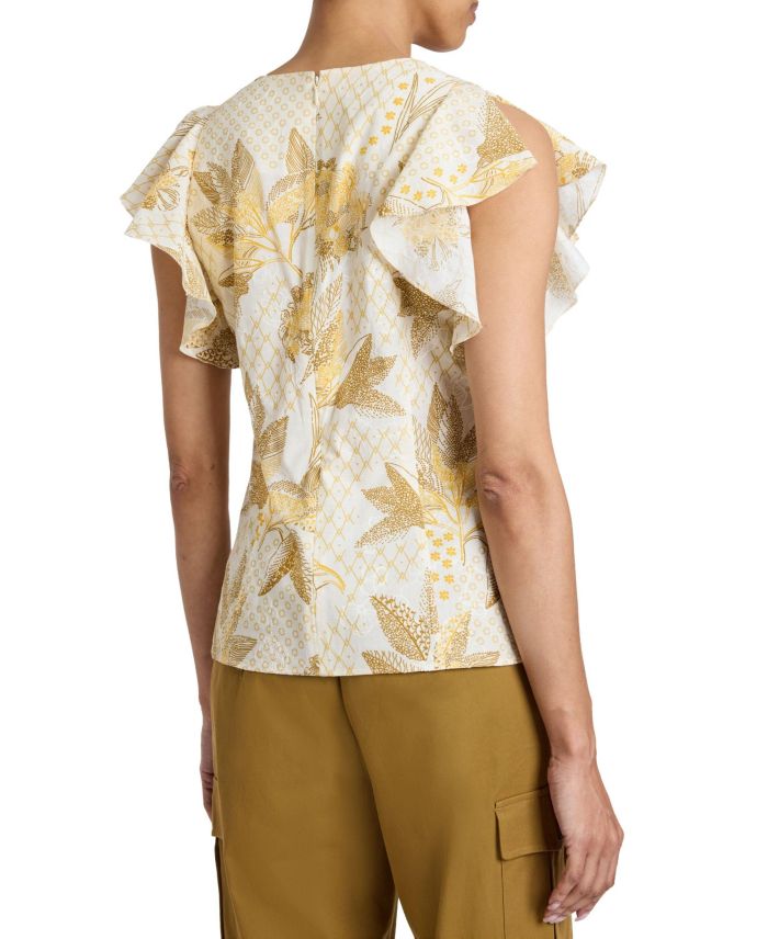 ELLA Flutter Sleeve Buttoned Blouse with Waist Panel Floral Printed Cotton Cloque
