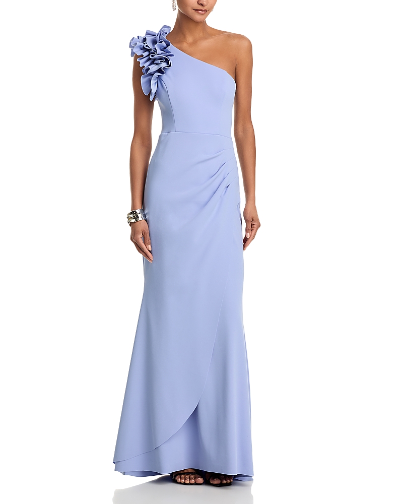 AQUA ONE SHOULDER RUFFLE CREPE GOWN - EXCLUSIVE