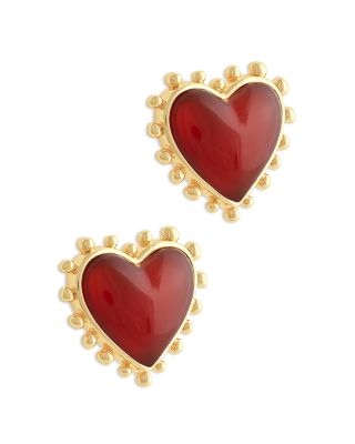Heart Stone & 18K Yellow Gold Plated Stud Earrings, 0.5"L