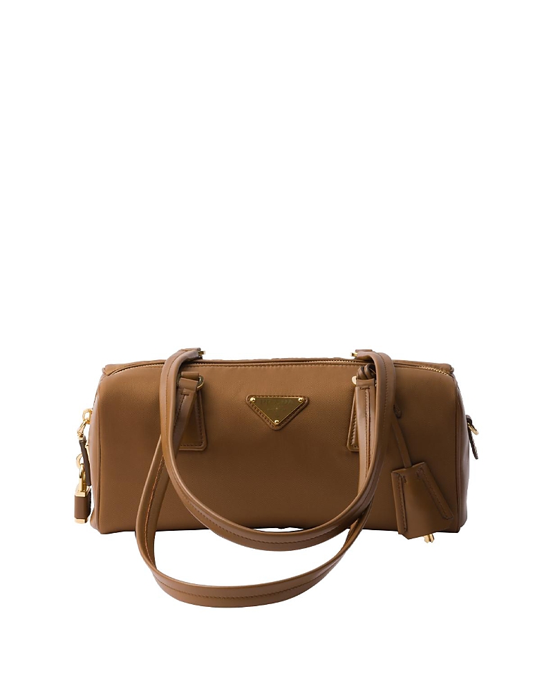 Prada Re-nylon And Leather Medium Top-handle Bag With Padlock In Brandy