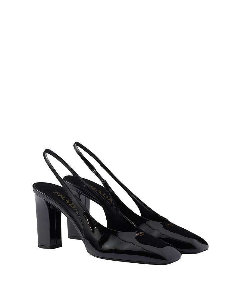 Prada Block Heel Patent Finish Pointed Toe Ballerina Shoes In Black