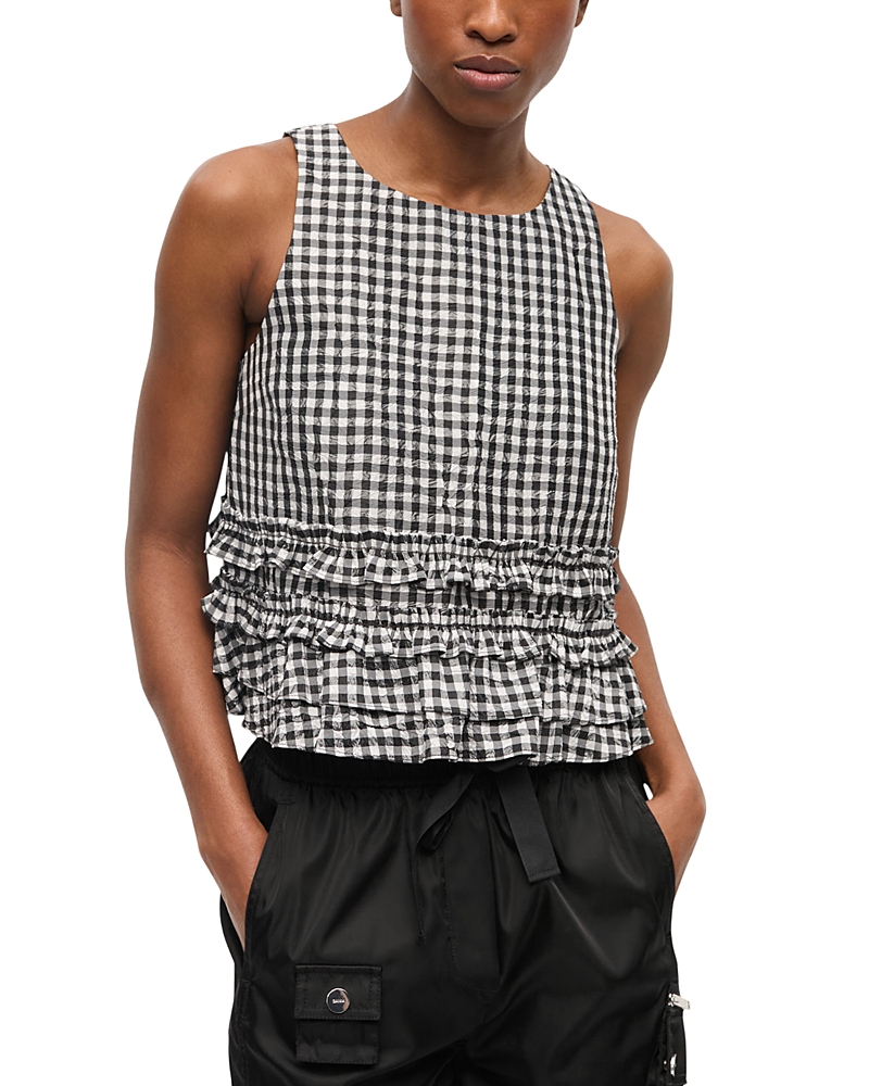 Ganni Crinkled Check Frill Top In Black