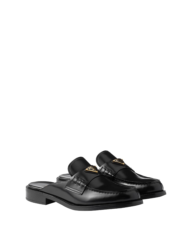 Prada Leather Logo Loafer Mules In Black