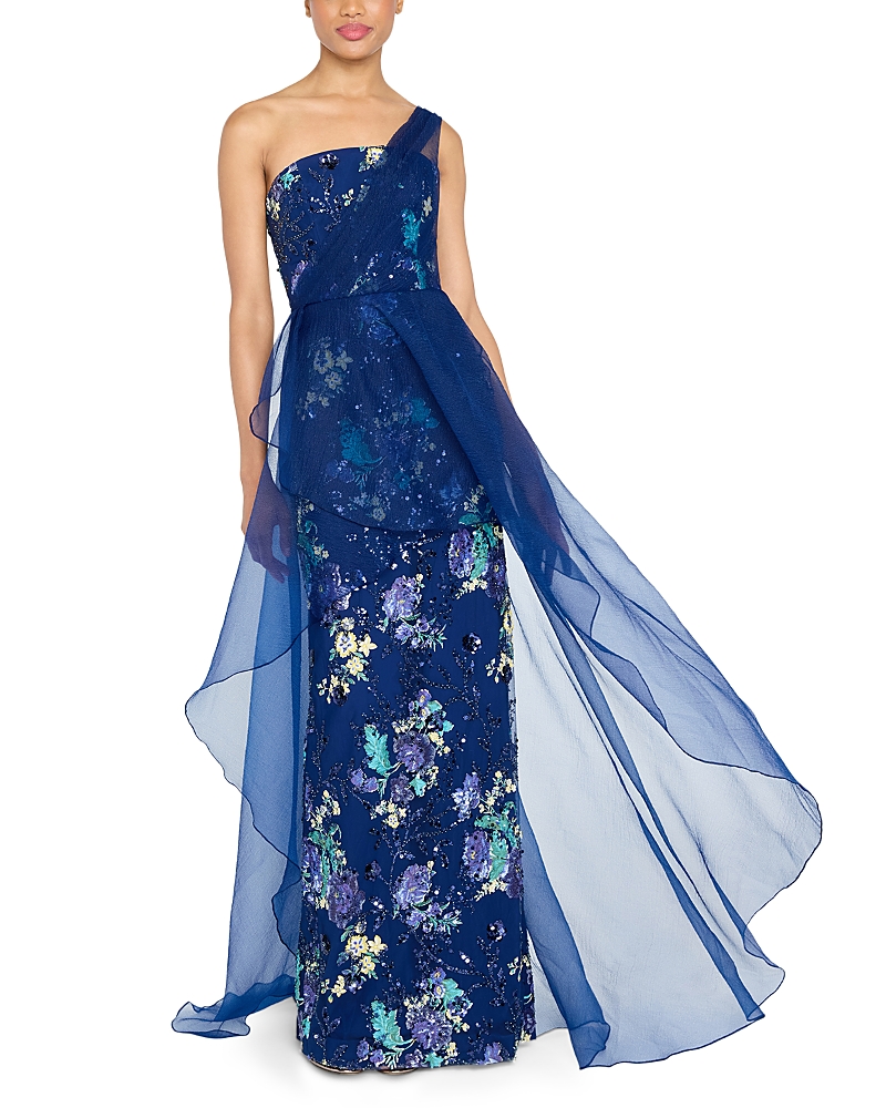 Theia Noemi One Shoulder Sequined Gown In Blue