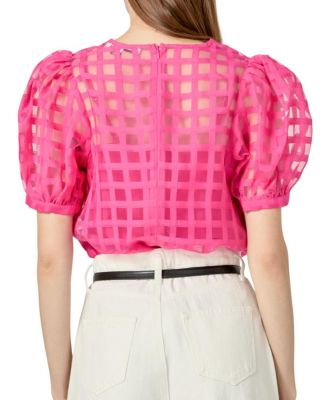 Women's Plaid Sheer Puff Sleeve Top