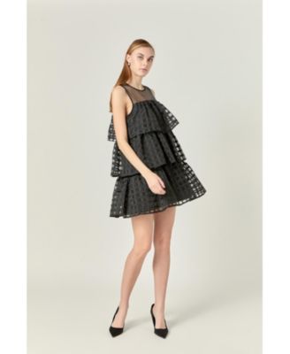 Women's Organza Gridded Tiered Sleeveless Mini Dress