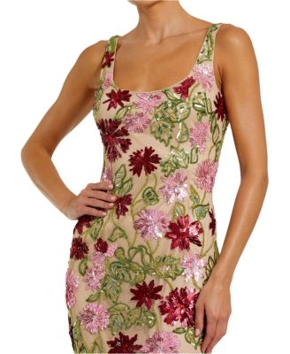 Floral Beaded Mesh Scoop Neck Fitted Midi Dress