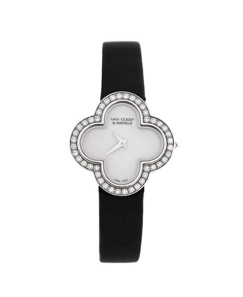 PRE-OWNED VAN CLEEF & ARPELS PRE-OWNED VAN CLEEF & ARPELS ALHAMBRA QUARTZ WATCH IN WHITE GOLD AND SATIN WITH DIAMOND BEZEL AND MO