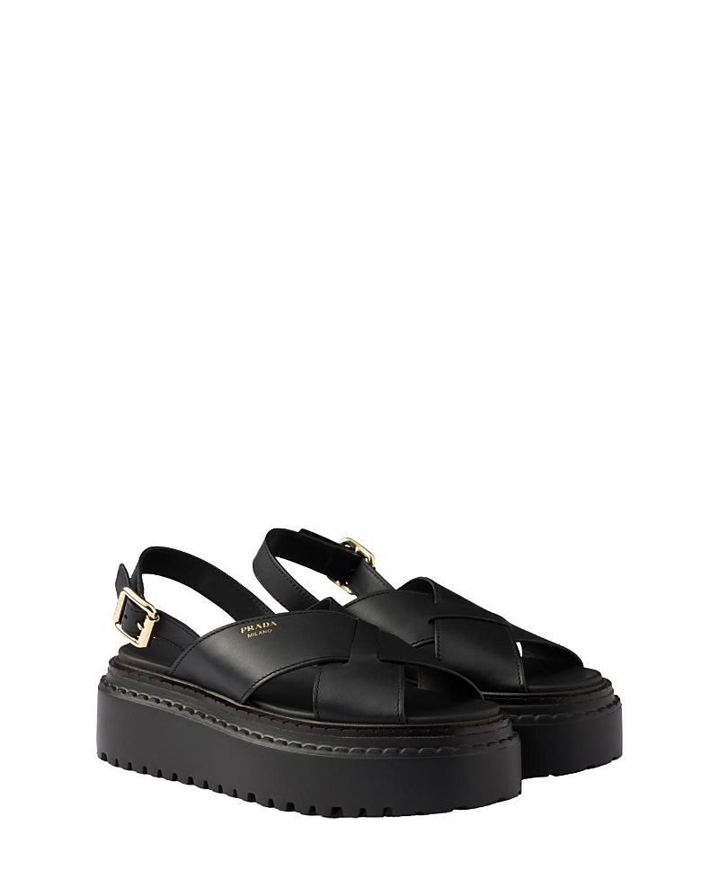 Shop Prada Women's Leather Crisscross Sandals In Black