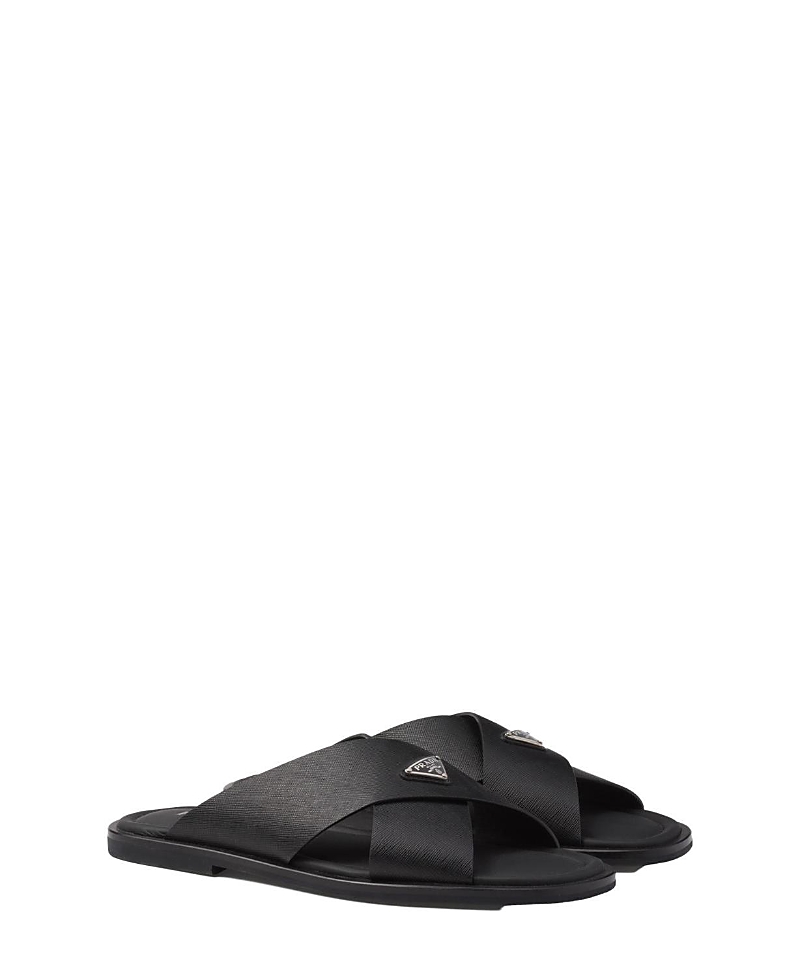 PRADA MEN'S SAFFIANO LEATHER CRISSCROSS SLIDES