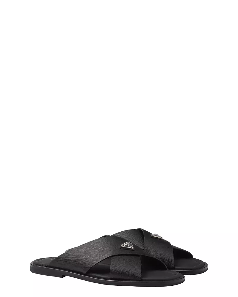 Prada Men's Saffiano Leather Crisscross Slides