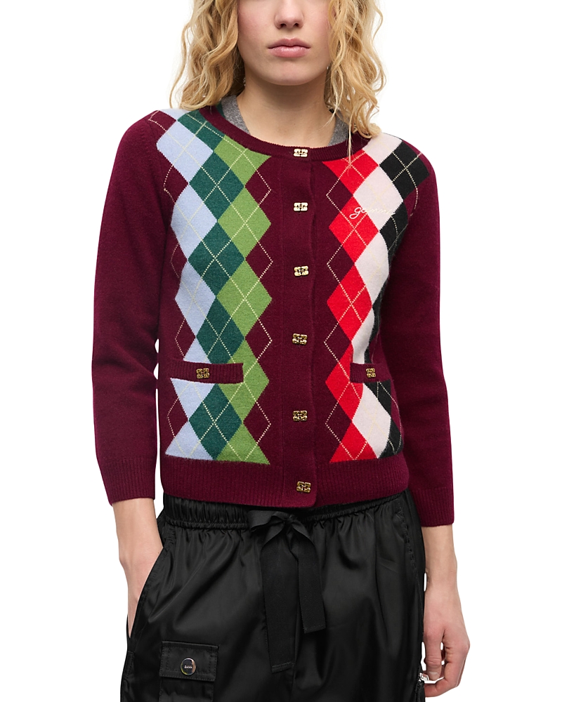Ganni Womens Tawny Port Rhombus-print Round-neck Wool And Cashmere Cardigan Xl