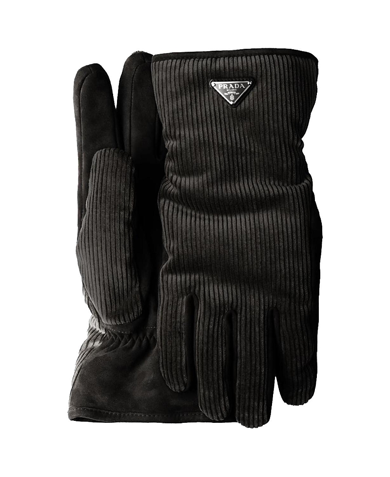 Prada Mens Black Logo-patch Corduroy Gloves