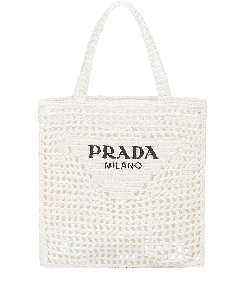 Prada Logo-print Raffia Tote Bag In White