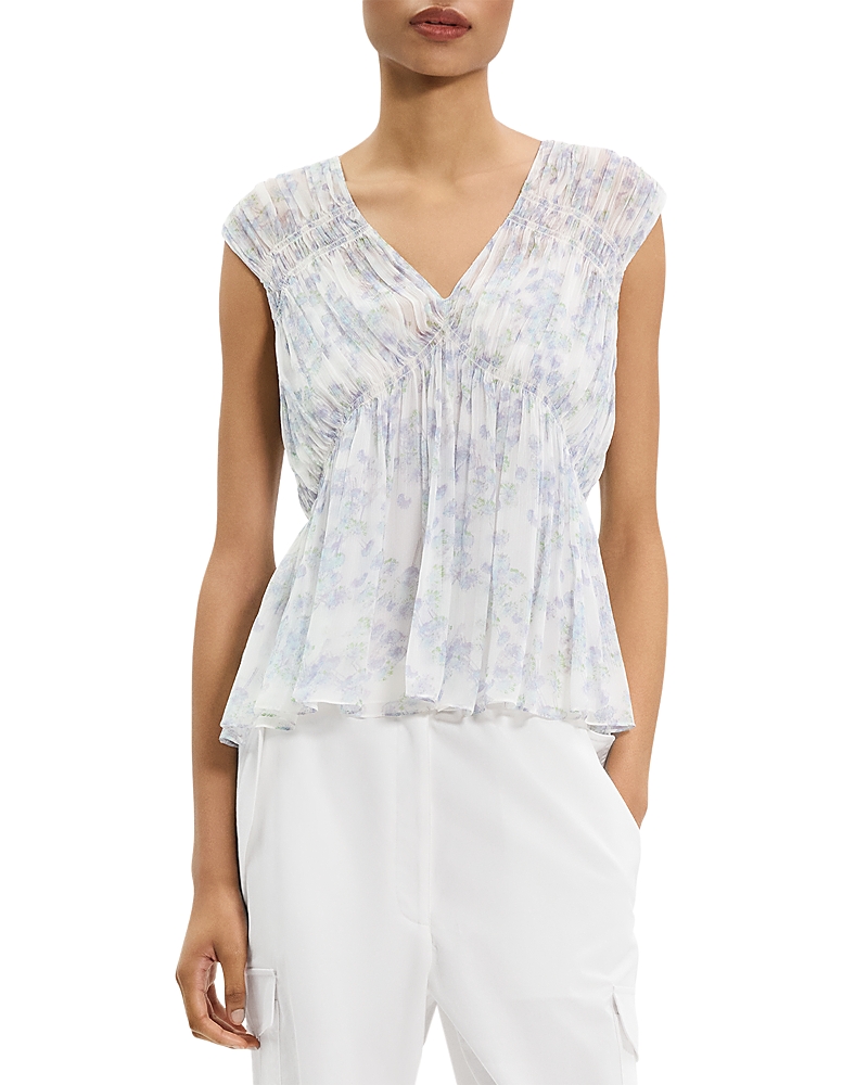 Theory Ruched Sleeveless Top In Floral Silk In Gray
