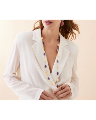 18K Yellow Gold Lunaria Charoite & Textured Petal Long Statement Necklace, 36"