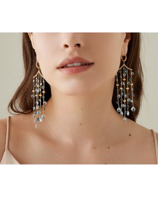 18K Yellow Gold Paradise Multi Blue Topaz & Diamond Five Strand Chandelier Drop Earrings