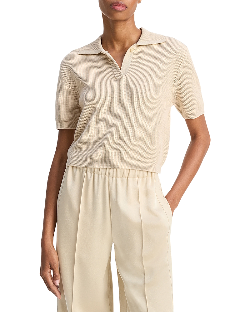 Vince Ribbed Short Sleeve Polo Sweater In White