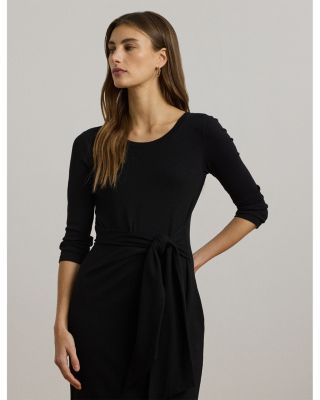 Tie Front Cotton Blend Crewneck Dress