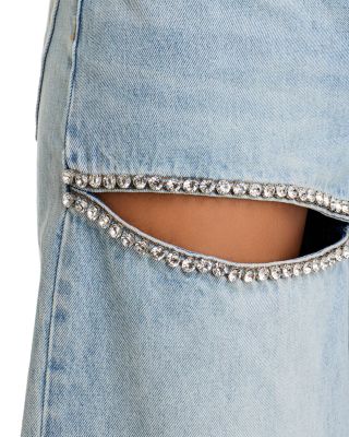 Wide Leg Crystal Slit Jeans in Light Blue