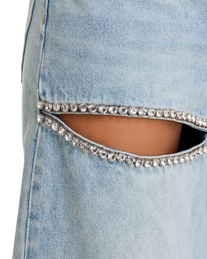 Wide Leg Crystal Slit Jeans Light Blue