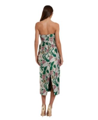  Floral Brocade Strapless Fitted Midi Dress