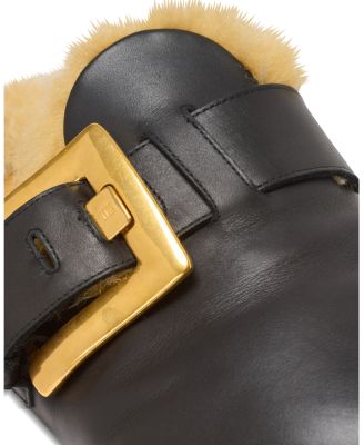 Women's Flat Leather and Faux Fur Mules