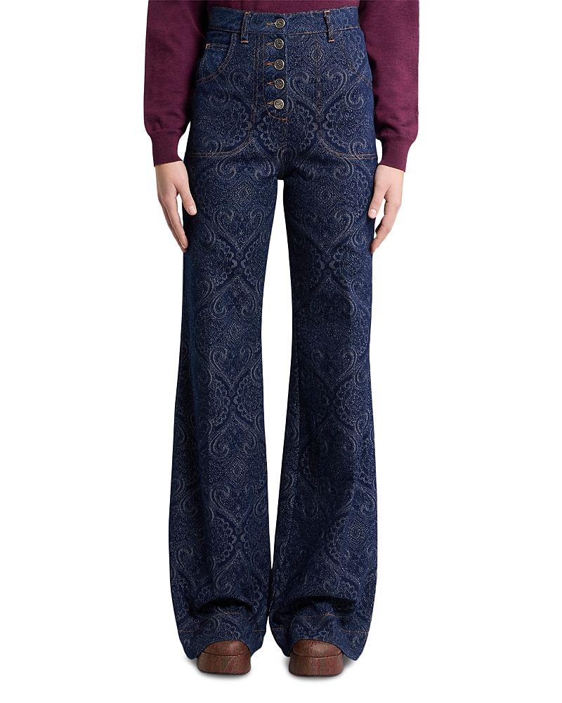 Etro Flared Jacquard Denim Jeans With Pegaso Buttons In Blue