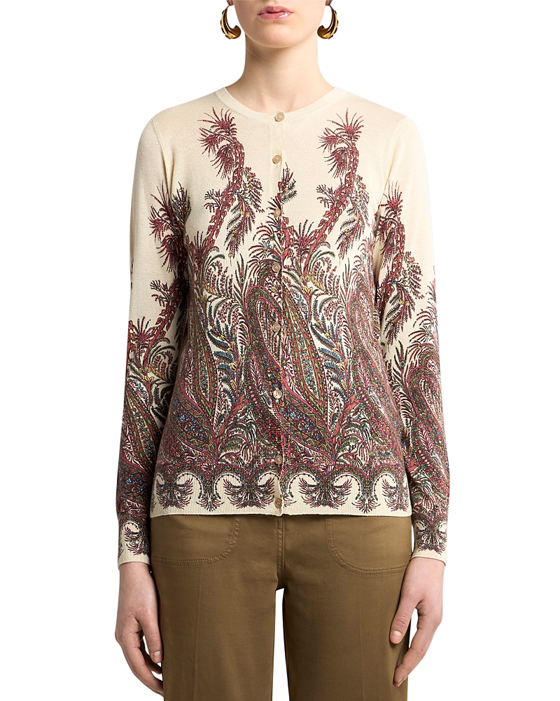 Etro Silk And Cashmere Cardigan With Placed Print In Brown