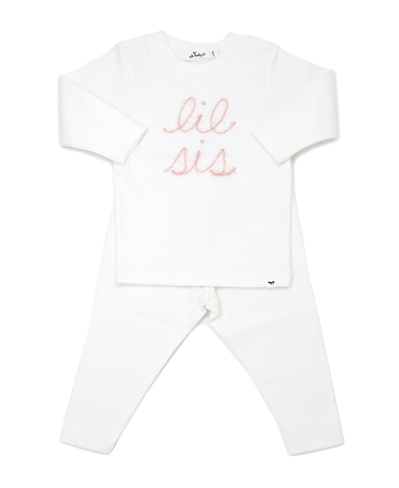 OH BABY OH BABY! GIRLS' LIL SIS PINK SPARKLE EMBROIDERED TWO PIECE SET - BABY