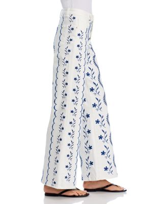 Embroidered High Rise Wide Leg Jeans in White/Blue - Exclusive