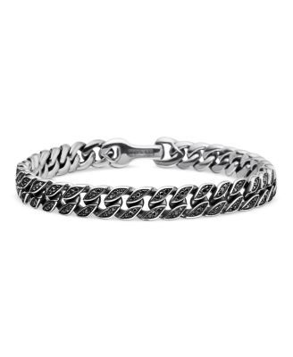 Men's Curb Chain Bracelet in Sterling Silver with Black Diamonds, 8mm