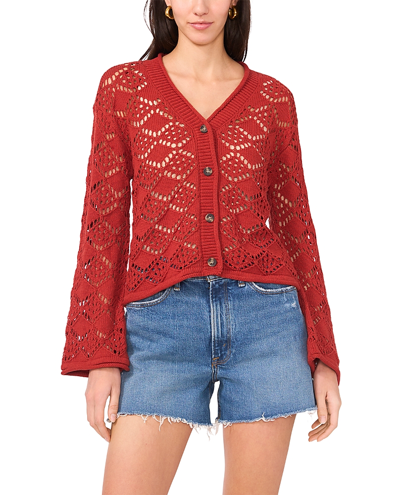 Vince Camuto Pointelle V Neck Long Sleeve Cardigan