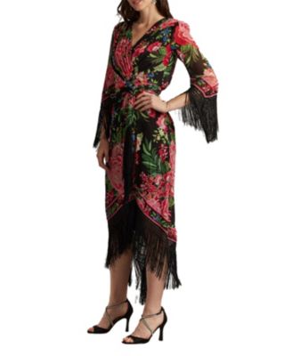 Mair Floral Print Tassel Fringe Wrap Dress