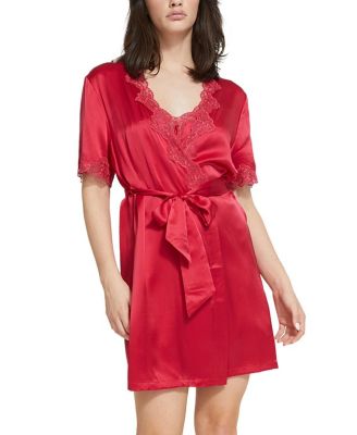 Silk Short Wrap Gown with Lace Trim Robe