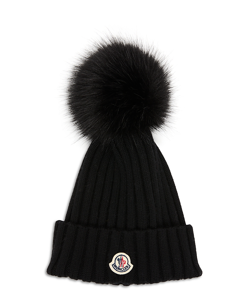 Moncler Ribbed Knit Wool Beanie With Faux Fur Pom-pom In Black