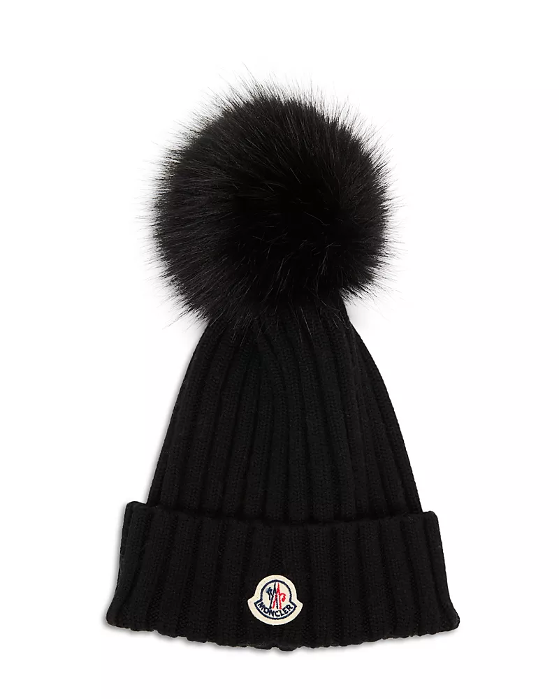 Moncler Wool Beanie with Faux Fur Pom Pom