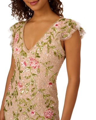 Beaded Mesh Flutter Sleeve Dress