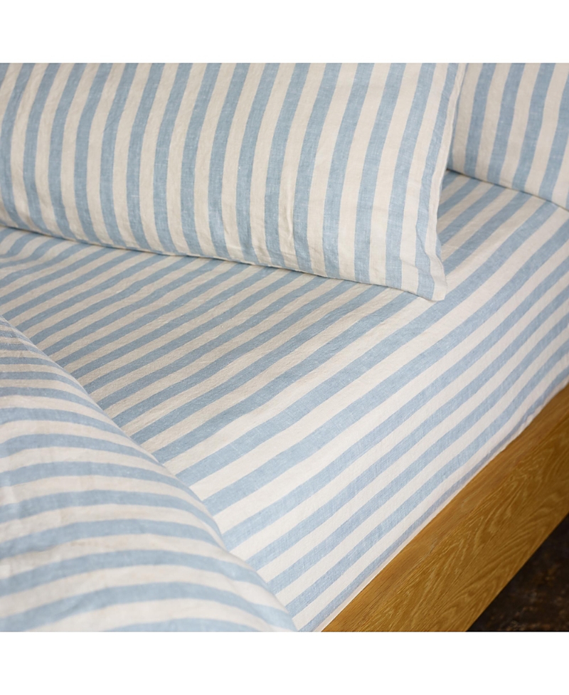 Piglet In Bed Pembroke Stripe Linen Fitted Sheet, Full In Blue