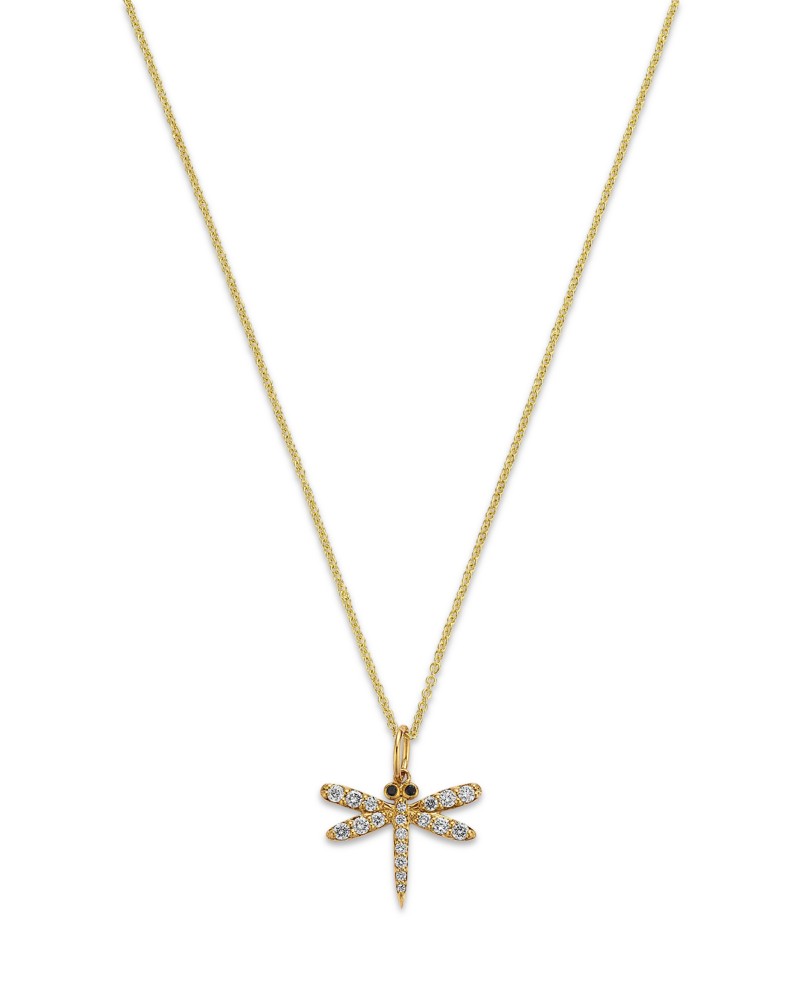 Sydney Evan 14K Yellow Gold Black & White Diamond Dragonfly Pendant Necklace, 18