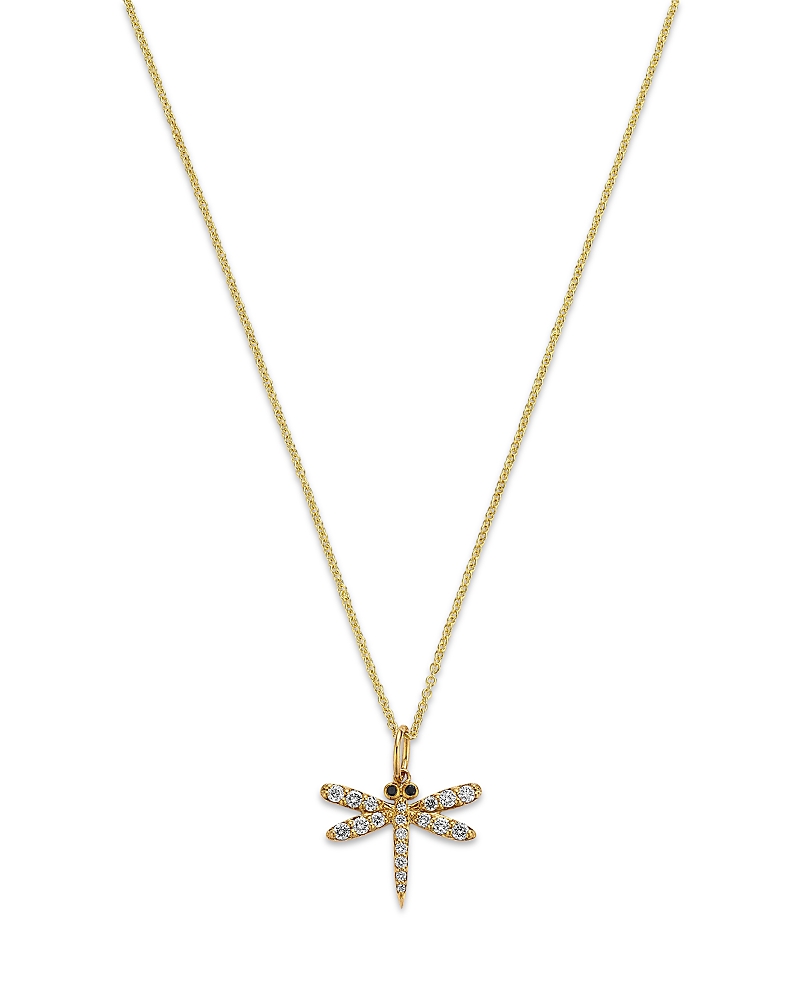 Sydney Evan 14k Yellow Gold Black & White Diamond Dragonfly Pendant Necklace, 18 In Gold