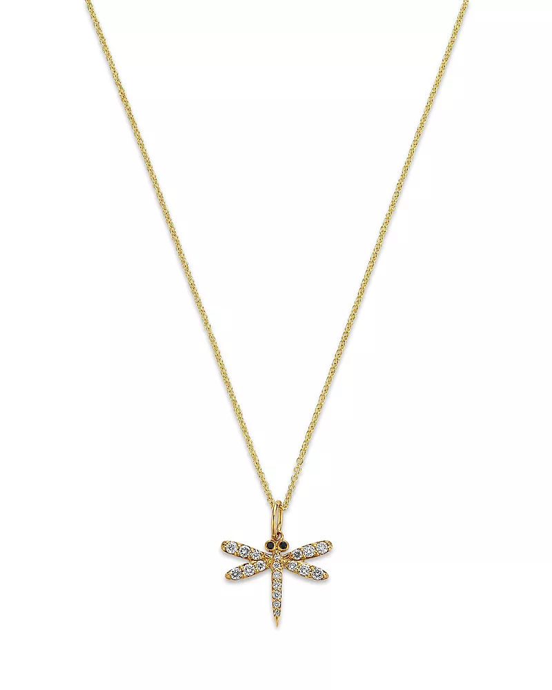 Sydney Evan 14K Yellow Gold Black & White Diamond Dragonfly Pendant Necklace, 18