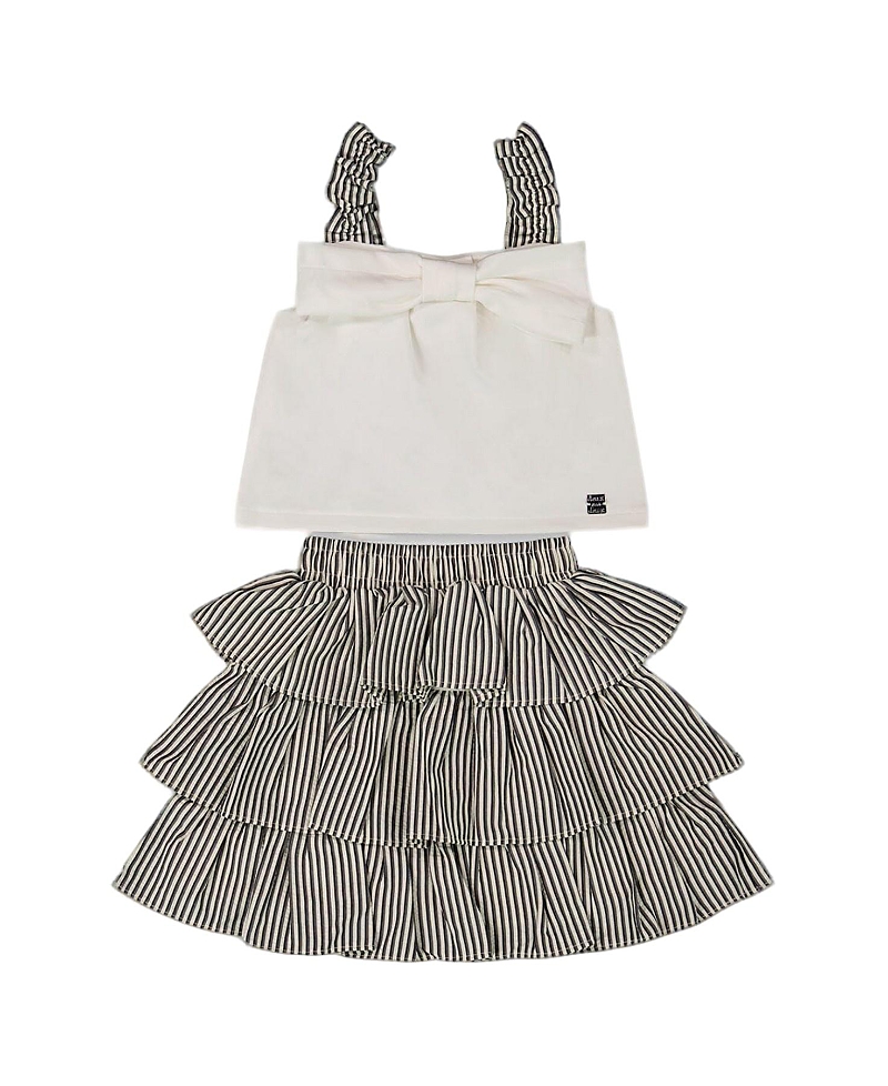 Deux Par Deux Girls' Bow Top And Ruffled Skirt Set - Little Kid In Gray