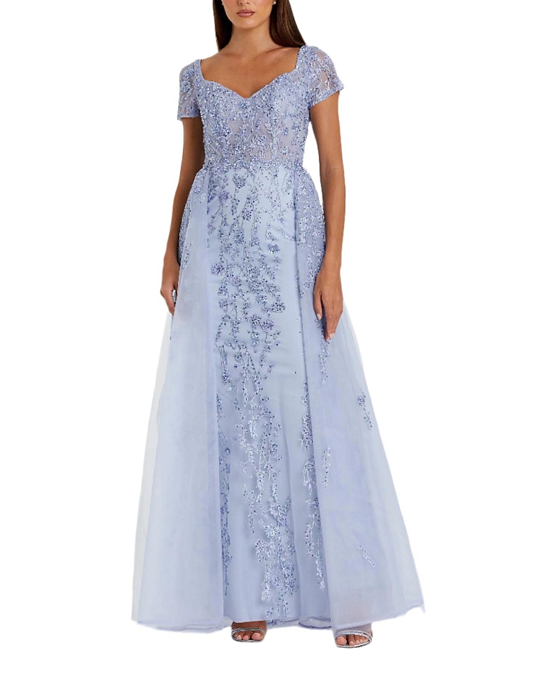 Mac Duggal Cap Sleeve Beaded Embroidered Overskirt Gown In Blue
