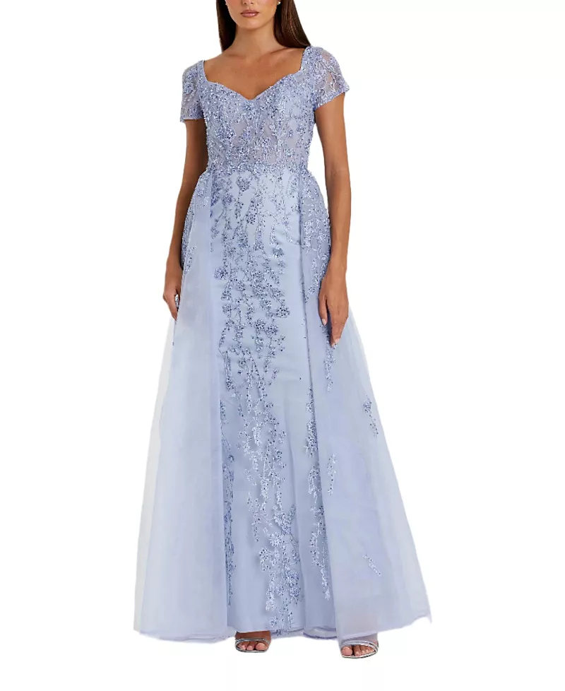 Mac Duggal Cap Sleeve Beaded Embroidered Overskirt Gown